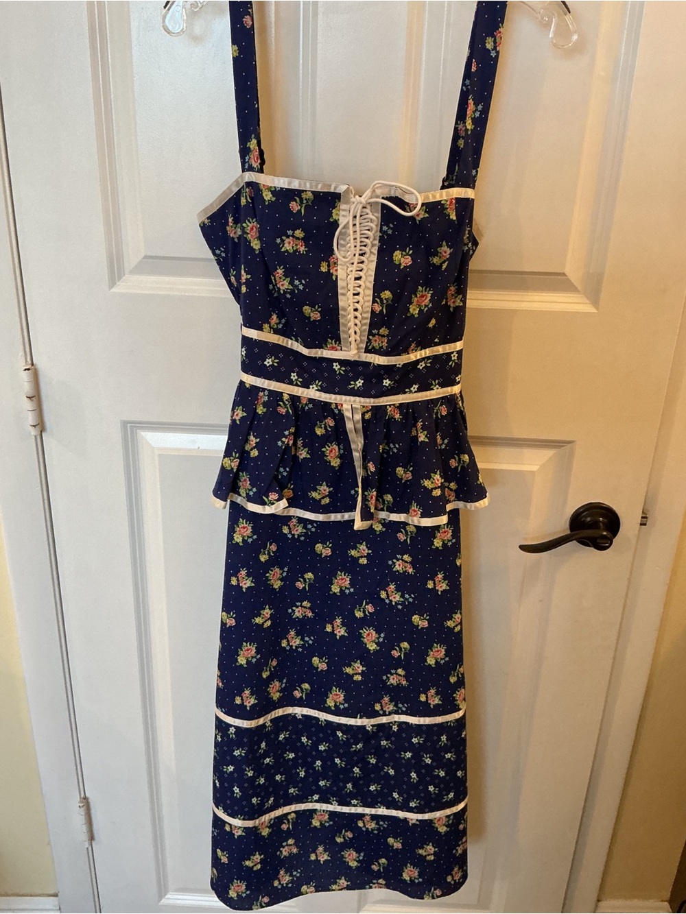 NWT Gunne Sax Navy Floral Lace-Up Peplum Midi Dress - Picture 6 of 6